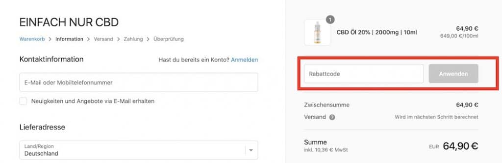 Einfach nur CBD Rabattcode und Gutscheincode einlösen